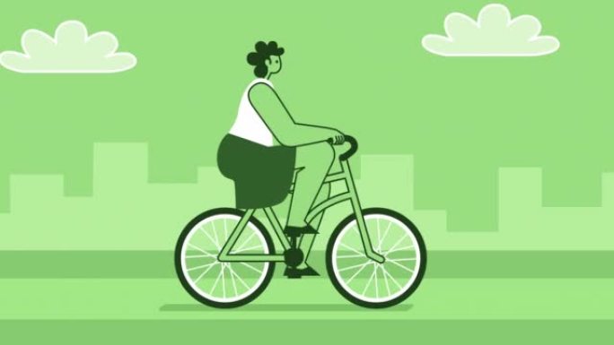 绿色风格的女人扁平人物骑自行车。带有Alpha通道的孤立循环动画