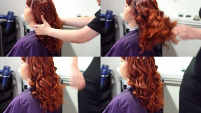 理发师正在红头发上做波浪形发型