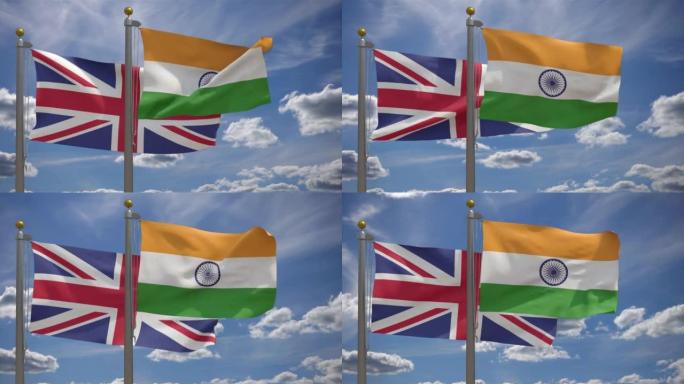 英国国旗与印度国旗在一杆，3D渲染，两个旗帜