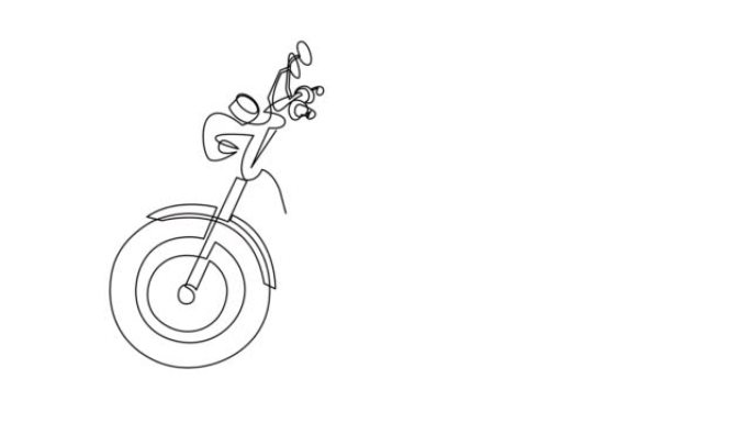 单线绘制复古斩波器摩托车的自画动画。动画复古摩托车运输概念。4K。