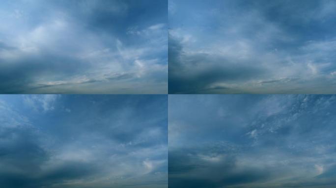 形成云天空景观。各层云层在高空向不同方向移动。延时。