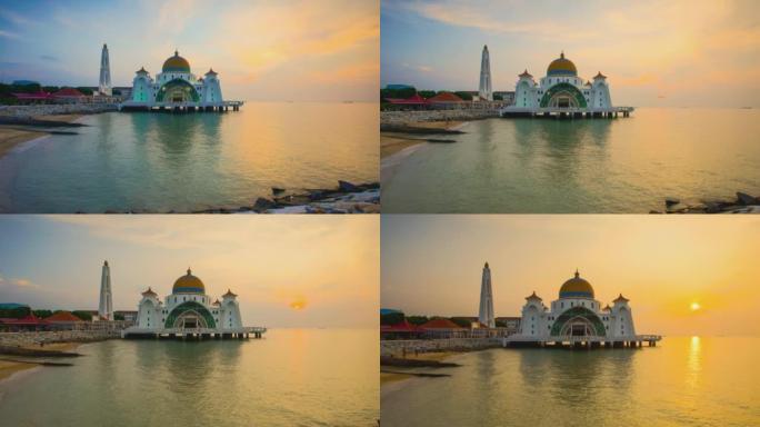 4K马六甲海峡清真寺日落时的延时。放大效应