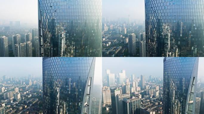 环绕航拍现代办公楼玻璃墙反射城市景观
