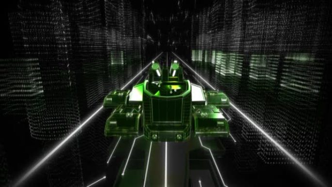 带有两门大炮的绿色坦克车在数字世界中朝屏幕移动