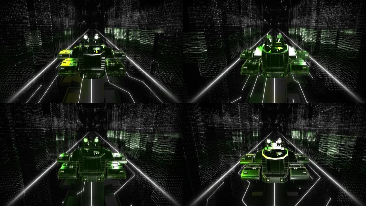带有两门大炮的绿色坦克车在数字世界中朝屏幕移动
