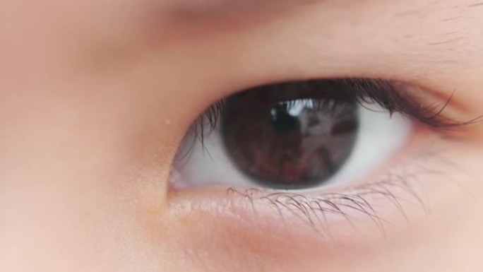 特写和macro 4k的可爱的亚洲小姑娘眼睛眨眼，自信地看着，在自然阳光下，虹膜和人眼的反射清晰，干
