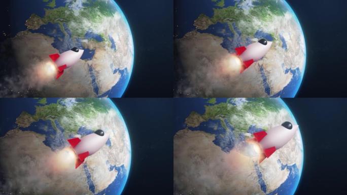 3D渲染火箭喷射飞行关闭地球行星在星系空间3D插图背景。行星，星系，恒星，宇宙，海洋，地球，地球。