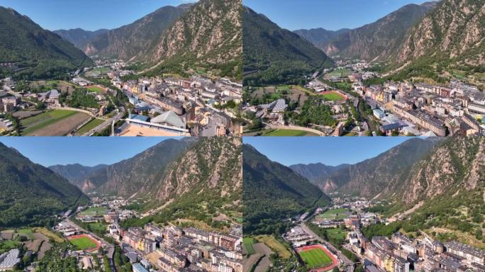 安道尔首府安道尔城 (Andorra la Vieja) 鸟瞰图，位于法国和西班牙之间的比利牛斯山脉