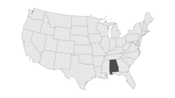 位置美国地图上的阿拉巴马州。3d州阿拉巴马旗地图标记定位销。显示不同州的美国地图。动画地图美国各州。