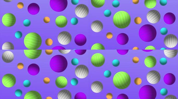 抽象彩色球体动画视频，4k分辨率，动画气球坠落。多色闪亮圆圈，运动图形背景，全息，大理石游戏
