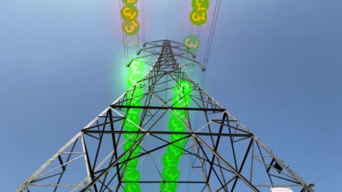 电力危机，英国货币在电塔上的电线上流下。能源危机概念