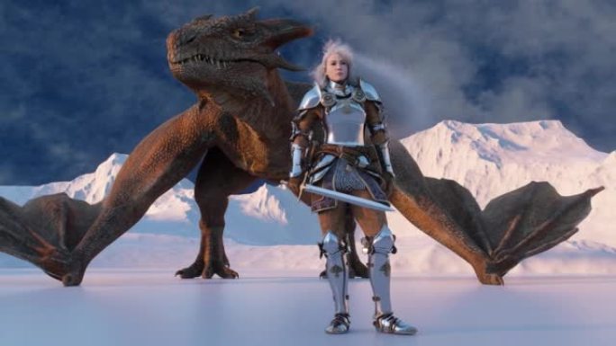 白发女战士骑士站在雪山的背景下，身后拿着一把拔出的剑和一条龙。