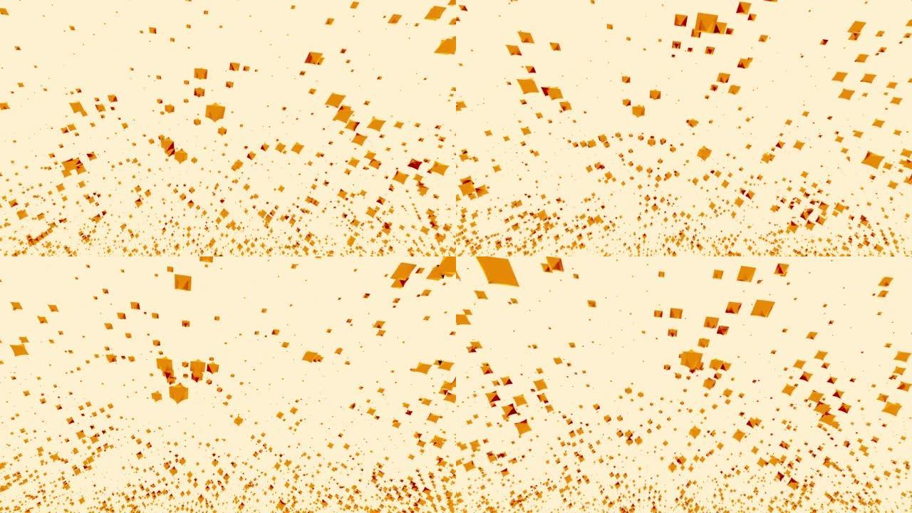 悬浮并涌现出随机明亮的颗粒。设计。几何和抽象背景，在米色背景上随机移动橙色3D对象。