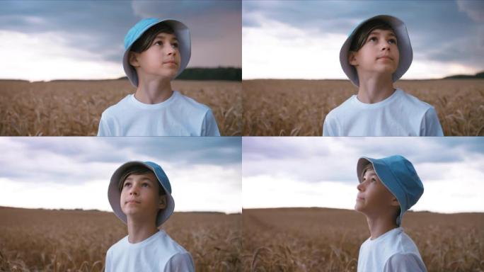 boy looks at the rainy sky that changes to the sun