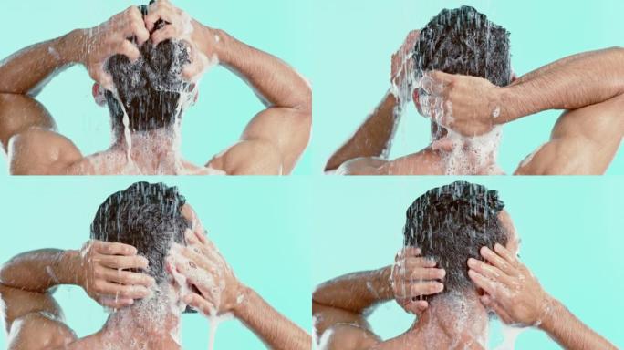洗发水，头发护理和男人在淋浴与绿色屏幕模型和背景。年轻，健身和运动人士的手清洁头发用肥皂和水在近景和