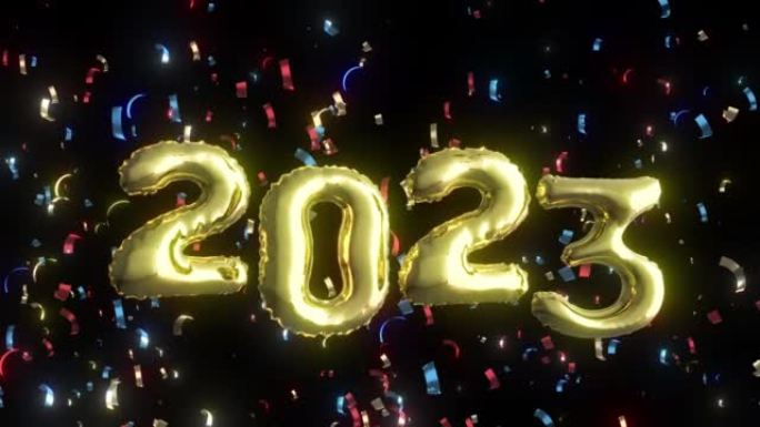 金箔气球字母2022与五彩纸屑下降3d动画在黑色背景