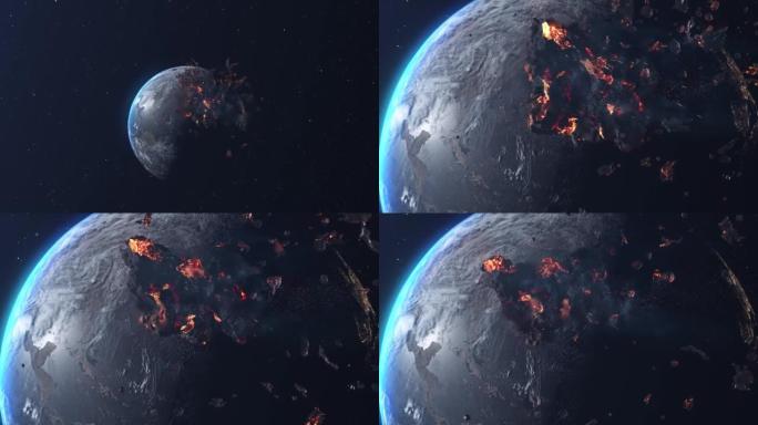 小行星流星带着燃烧的碎片驶向地球的岩石