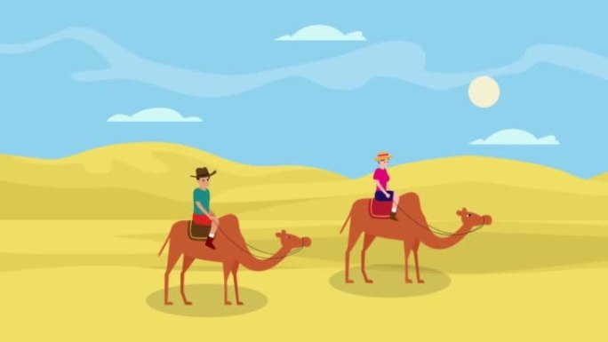 年轻夫妇骑着骆驼在沙漠上