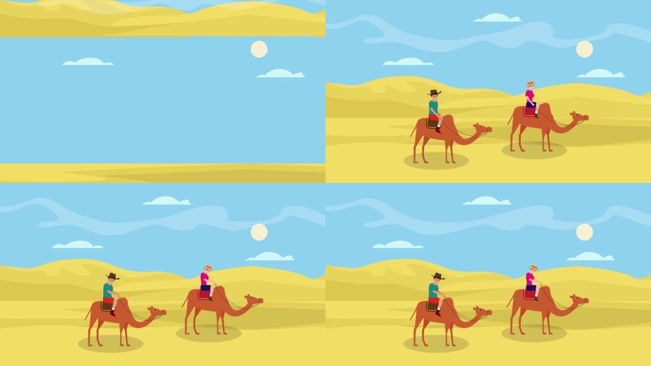年轻夫妇骑着骆驼在沙漠上