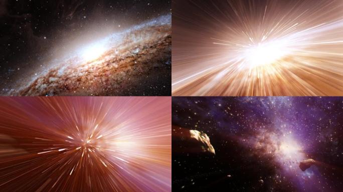 星系超空间跳跃从NGC 2683到银河系。4K 3D渲染穿越星域飞行极快的光速太空之旅