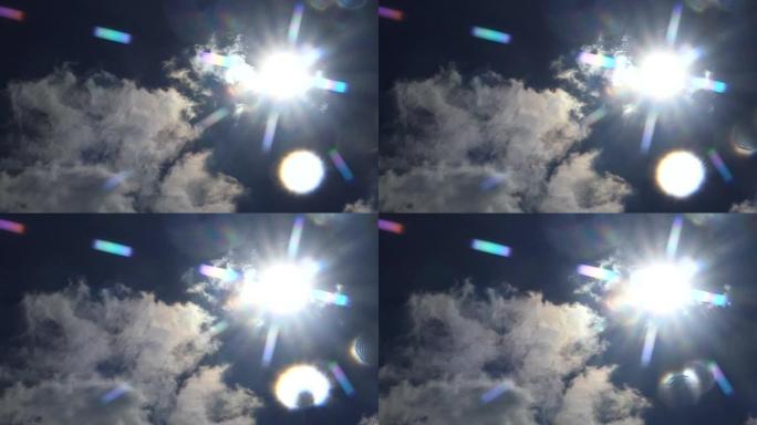 阳光和云透过镜头上的雨水