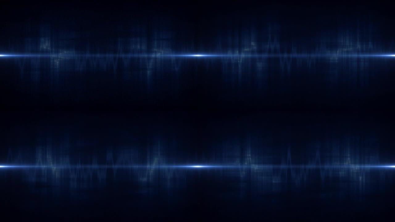 蓝色心电图声波，脉搏，抽象和心脏病学图表医院波形图表图形监视器率波形，技术光曲线显示成型颜色动画