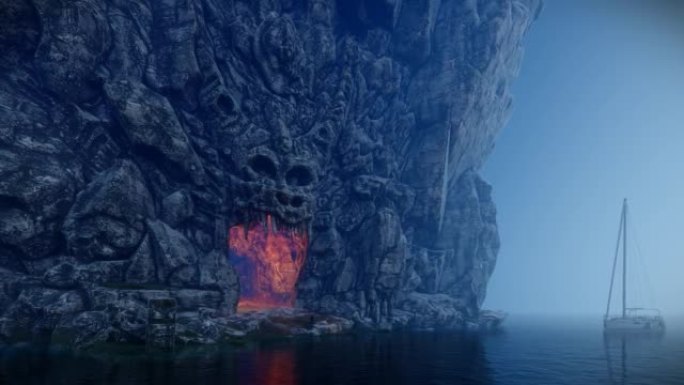 旅行者进入了一个迷失在海洋中的令人毛骨悚然的龙洞。3D插图