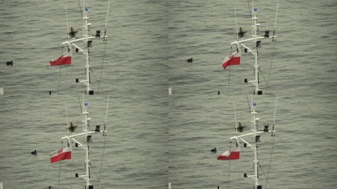 船桅上飘扬的波兰国旗。雾中港口。神秘的海湾。背景是水。水鸟。4k版本2