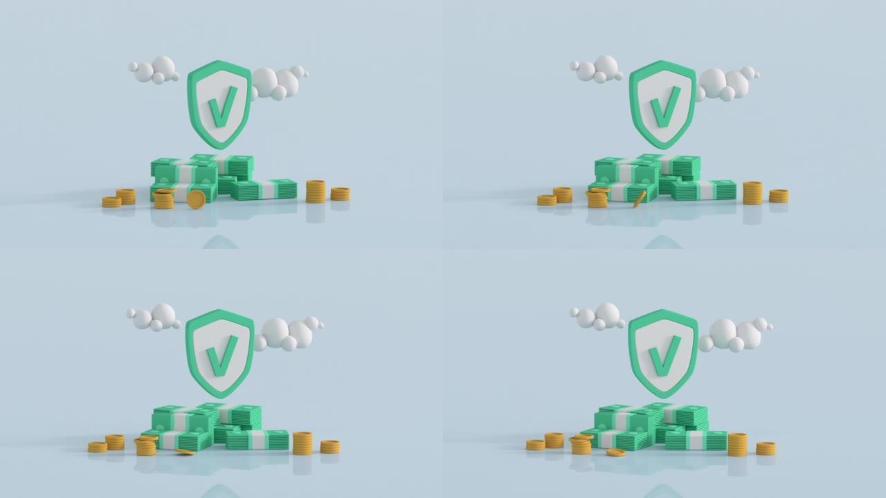 金钱和保护盾3D渲染动画