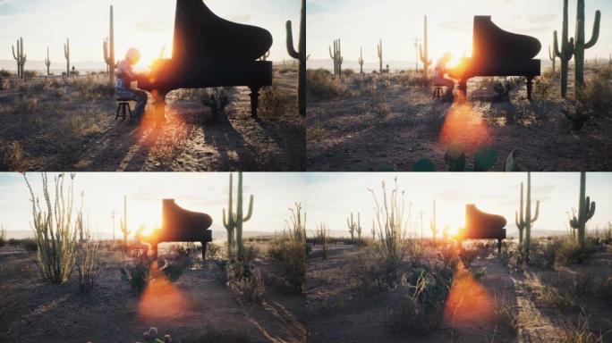一名宇航员在夕阳背景下，在荒凉的沙漠中弹钢琴。宇航员音乐家的概念。动画非常适合空间和科幻背景
