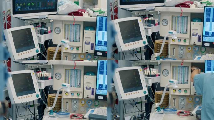 手术室中的现代医疗设备显示患者的生命体征。特写