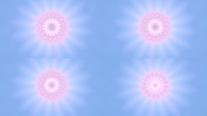 带有花朵，反射和角度形状的视频，以曼陀罗的形式打开，旋转和变化的形状和图形，由万花筒形成，以白色和蓝