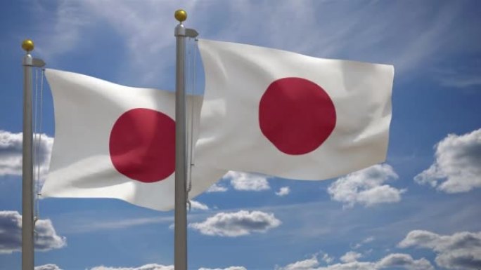 日本国旗与日本国旗在一杆，3D渲染，两个旗帜