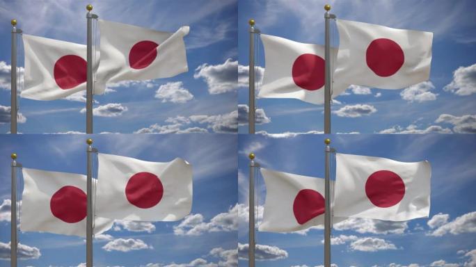 日本国旗与日本国旗在一杆，3D渲染，两个旗帜