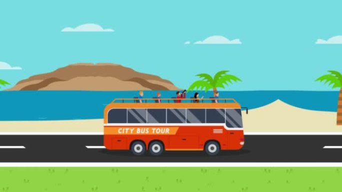 城市巴士之旅在海滩背景下行驶