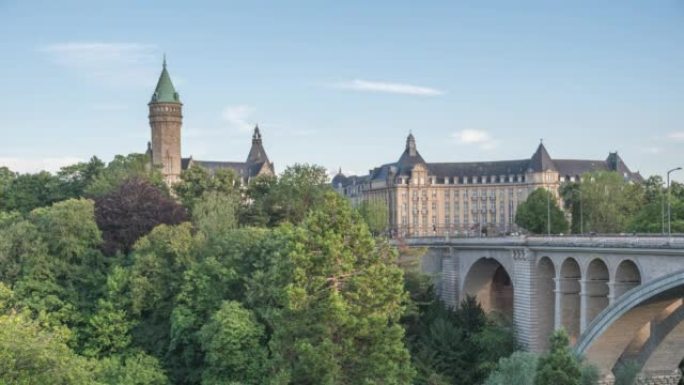 卢森堡大公国延时4K，城市天际线在阿道夫桥延时
