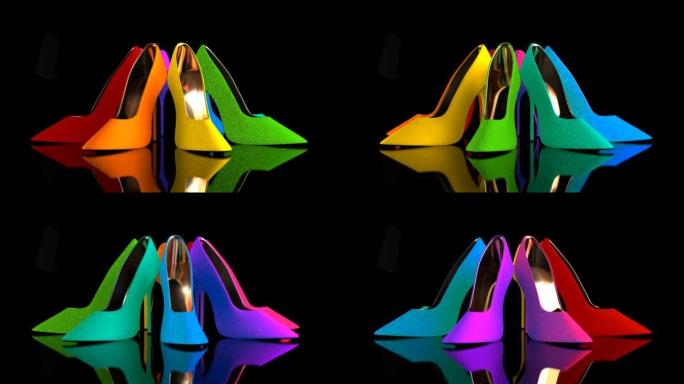 一组彩色女鞋在黑色背景上旋转3D 4k循环动画