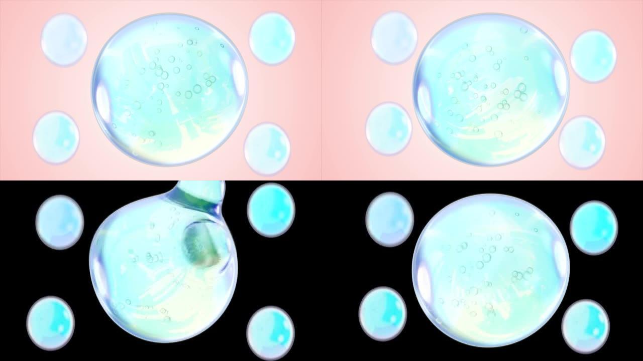 3D动画护肤维生素胶原蛋白。原子分子飞入精华霜软球透明背景。