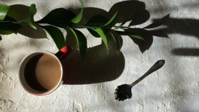 模糊的阴影的女性手与花在垃圾背景与一杯咖啡。高对比度。抽象，光影的发挥