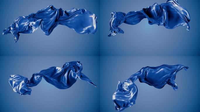 蓝色背景上慢动作的抽象蓝色流动缎子或丝绸布