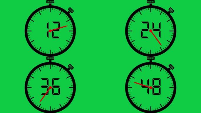 用秒表从0到60倒计时。色度绿色背景的单色4k视频。