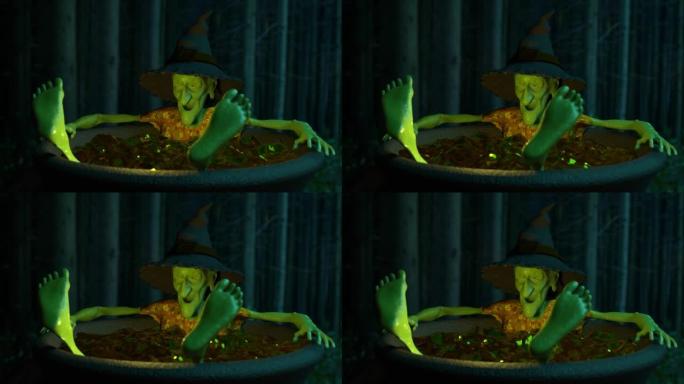 快乐老巫婆在自己的药水大锅里洗澡3D 4k动画