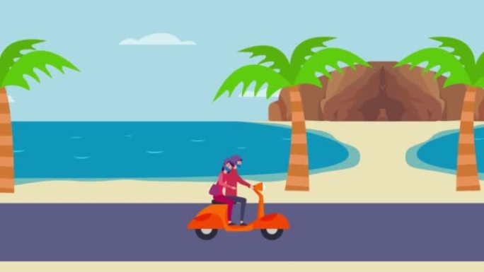 年轻夫妇骑沙滩背景的踏板车