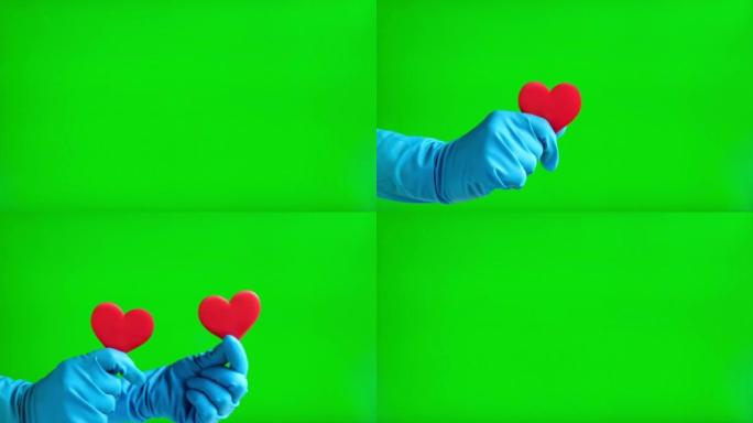 双手戴着医用手套，在绿色屏幕背景上戴着红色的心脏隔离。特写。人类手在色度键屏幕上戴着红色心脏的蓝色手