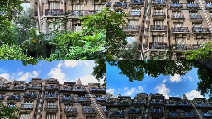 用美丽的建筑设计建造巴黎周围的绿色植物。法国巴黎的传统风格房屋视图。就像你在童话里。角落视图。摄像机