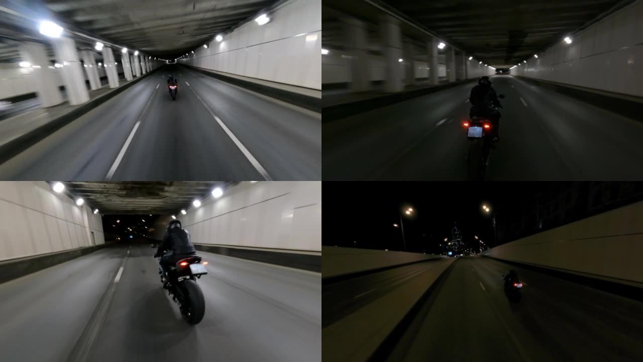快速灰色宝马摩托车在高速上与fpv无人机一起拍摄的城市道路