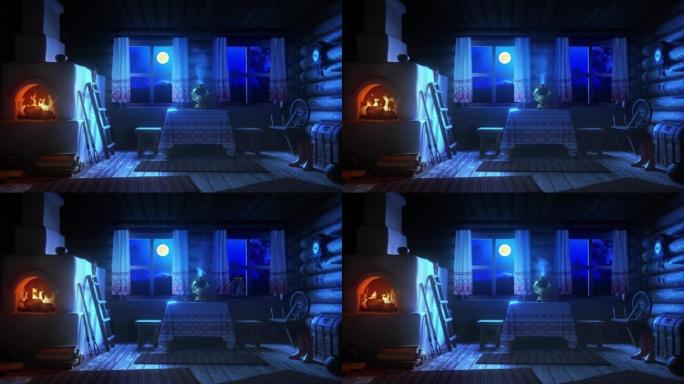 寒冷夜晚舒适的木屋。炉火在烤箱里燃烧。窗外的冬季雪景。透过小窗户看到的树。3D循环动画