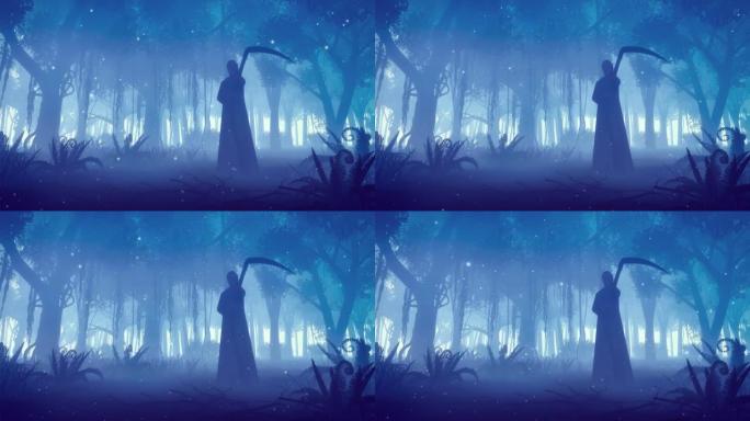 可怕的夜晚森林中的死神剪影和魔灯