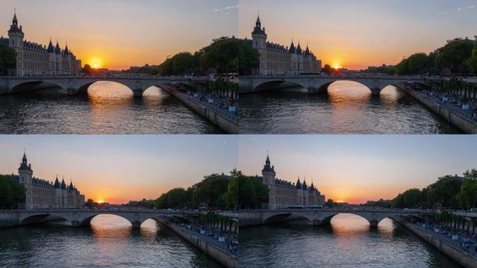 日落期间巴黎的Consiergerie，Pont au Change和塞纳河-4k延时