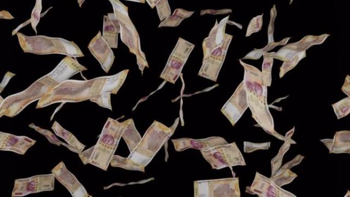 200印度卢比纸币下跌。透明背景上孤立的钞票。